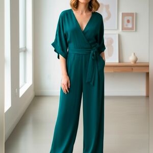 Forever 21 Emerald Green Faux Wrap Wide Leg Jumpsuit - Size Small